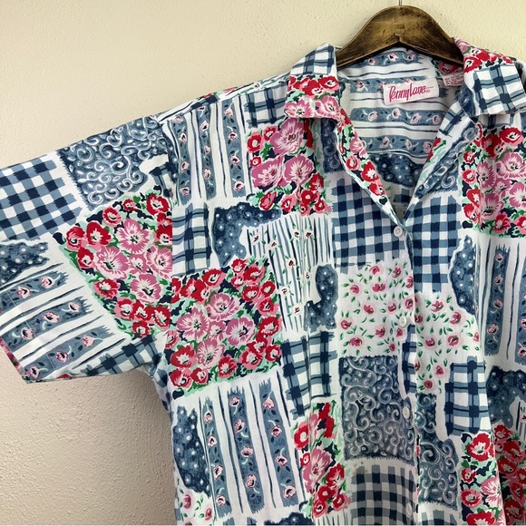 Vintage PennyLane Patchwork Look Button Front Short Sleeve Top Large Flawed - Picture 12 of 13